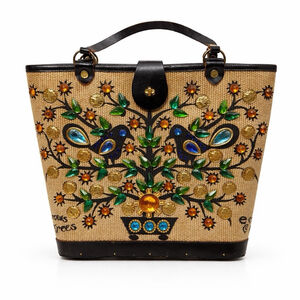 1965 Enid Collins of Texas Signed Bucket Bag Jeweled Coin Canvas Vintage Birds